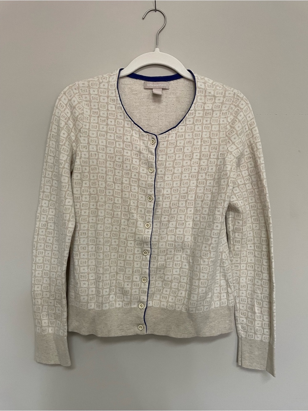 Banana Republic Light Cream Geometric Button-Up Sweater with Navy Trim